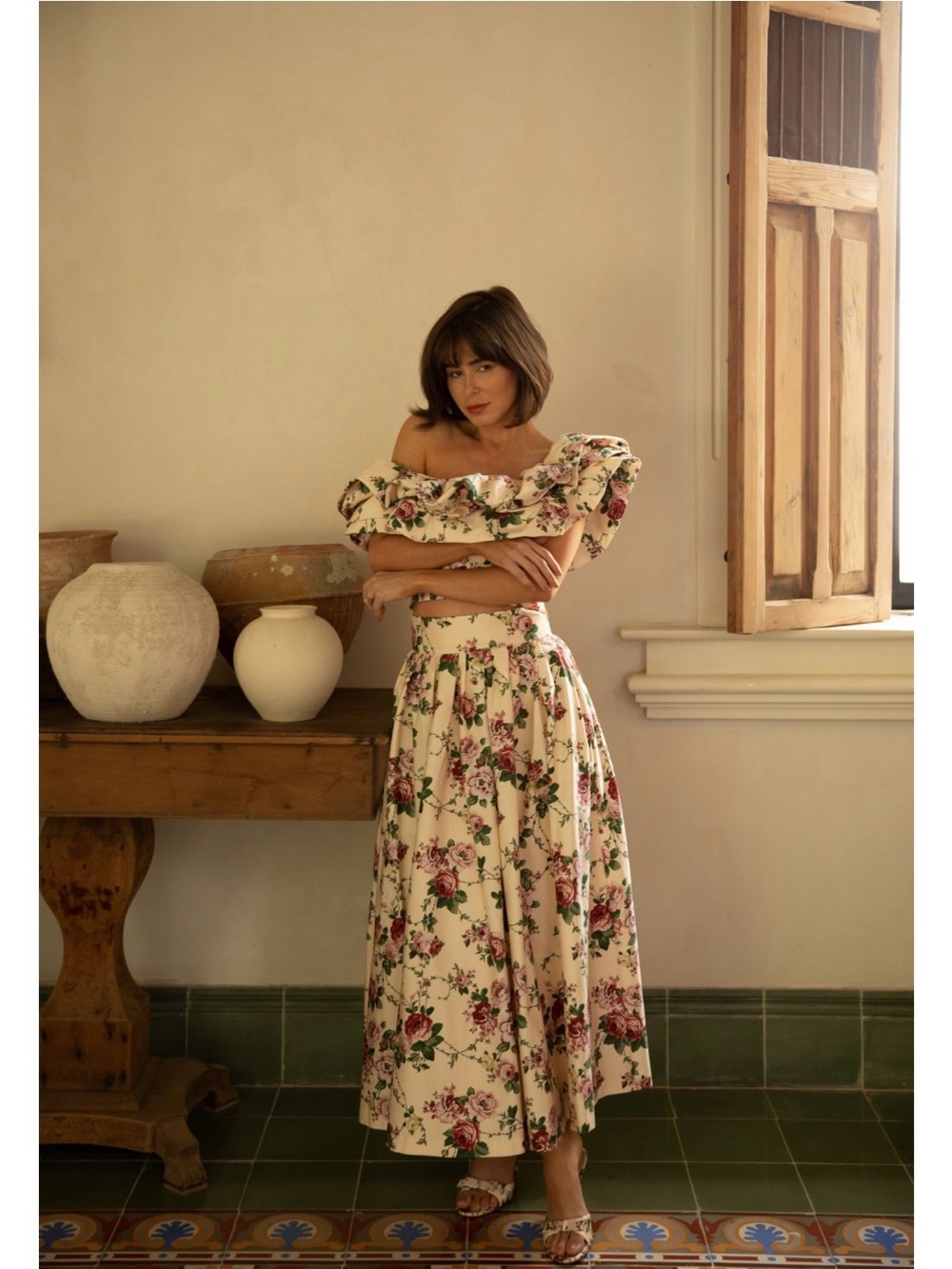 ANTONIO MELANI Cream Floral Maxi Dress with Pink Rose Print (2 piece set)